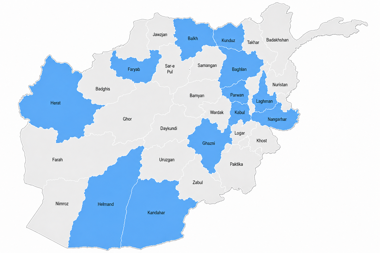 AWEDO service coverage map of Afghanistan showing Kabul, Nangarhar, Laghman, Kandahar, Herat, Balkh, Baghlan, Helmand, Ghazni, Parwan, Faryab and Kunduz
